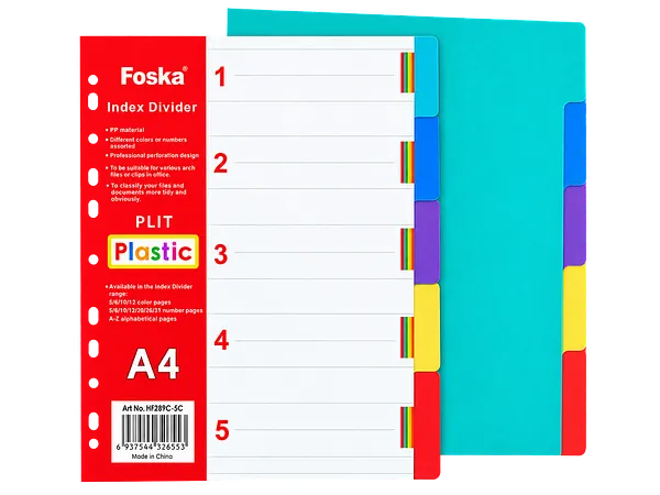 Separador / Divisor Foska A4 para Carpeta 5 Divisiones, Colores Surtidos