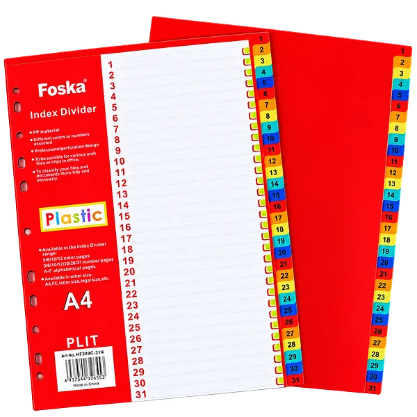 Separador / Divisor Foska A4 para Carpeta, 31 Divisiones Numéricas, Colores Surtidos